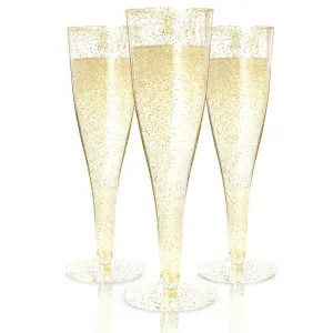 48 Champagne Flutes Plastic - Disposable Champagne Flute - Gold Glitter Plastic