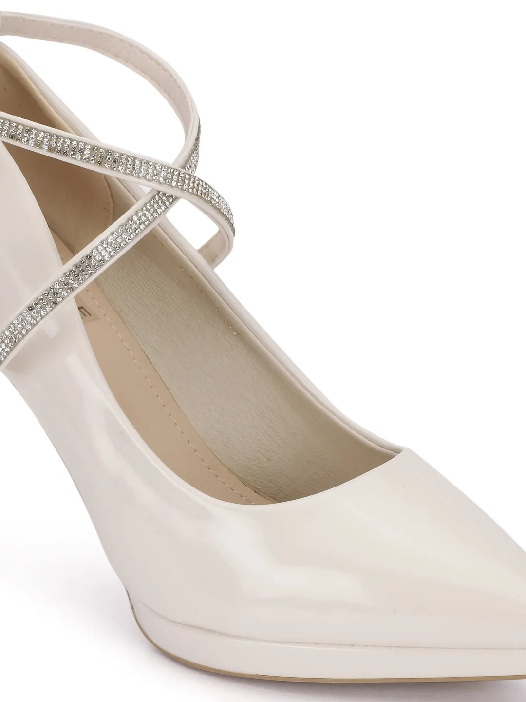 Beige Diamante Detail Ankle Strap Pointed Toe Stiletto Court Heel (TC-ML059-BEIG)