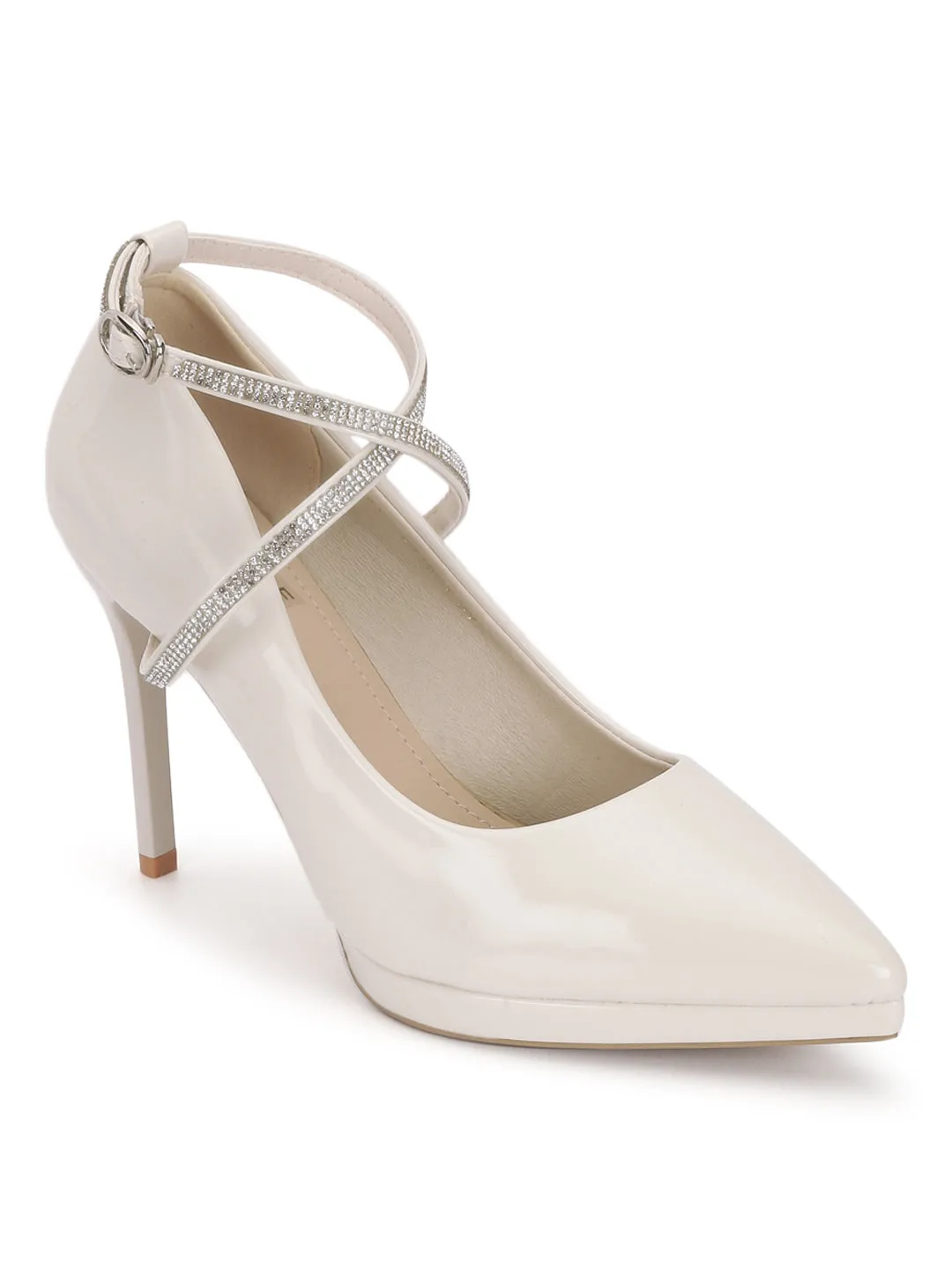 Beige Diamante Detail Ankle Strap Pointed Toe Stiletto Court Heel (TC-ML059-BEIG)