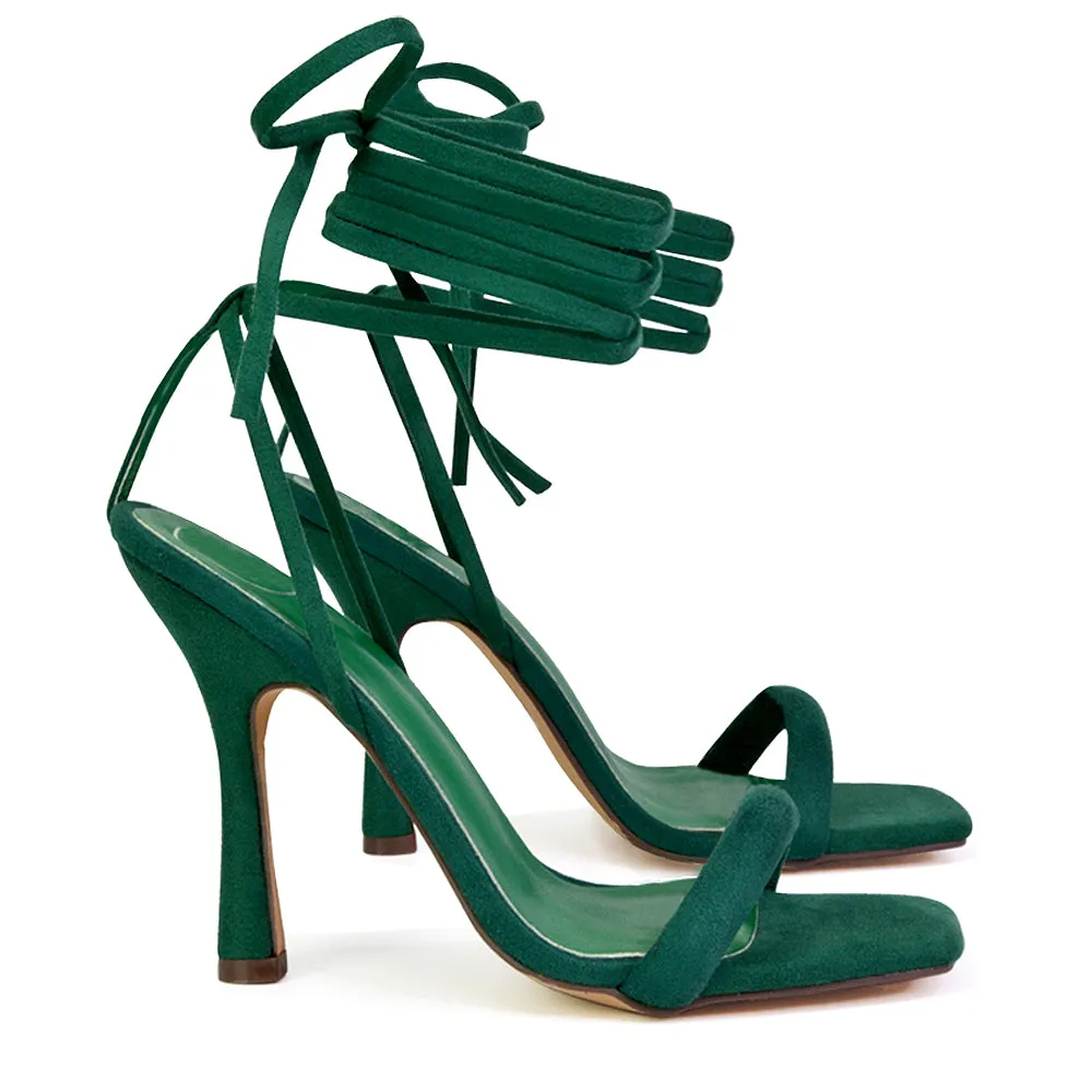 Caryn Faux Suede Lace Up Square Toe Strappy Stiletto High Heels in Green