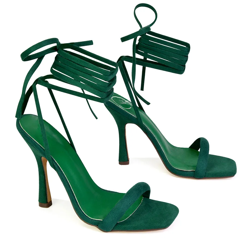 Caryn Faux Suede Lace Up Square Toe Strappy Stiletto High Heels in Green