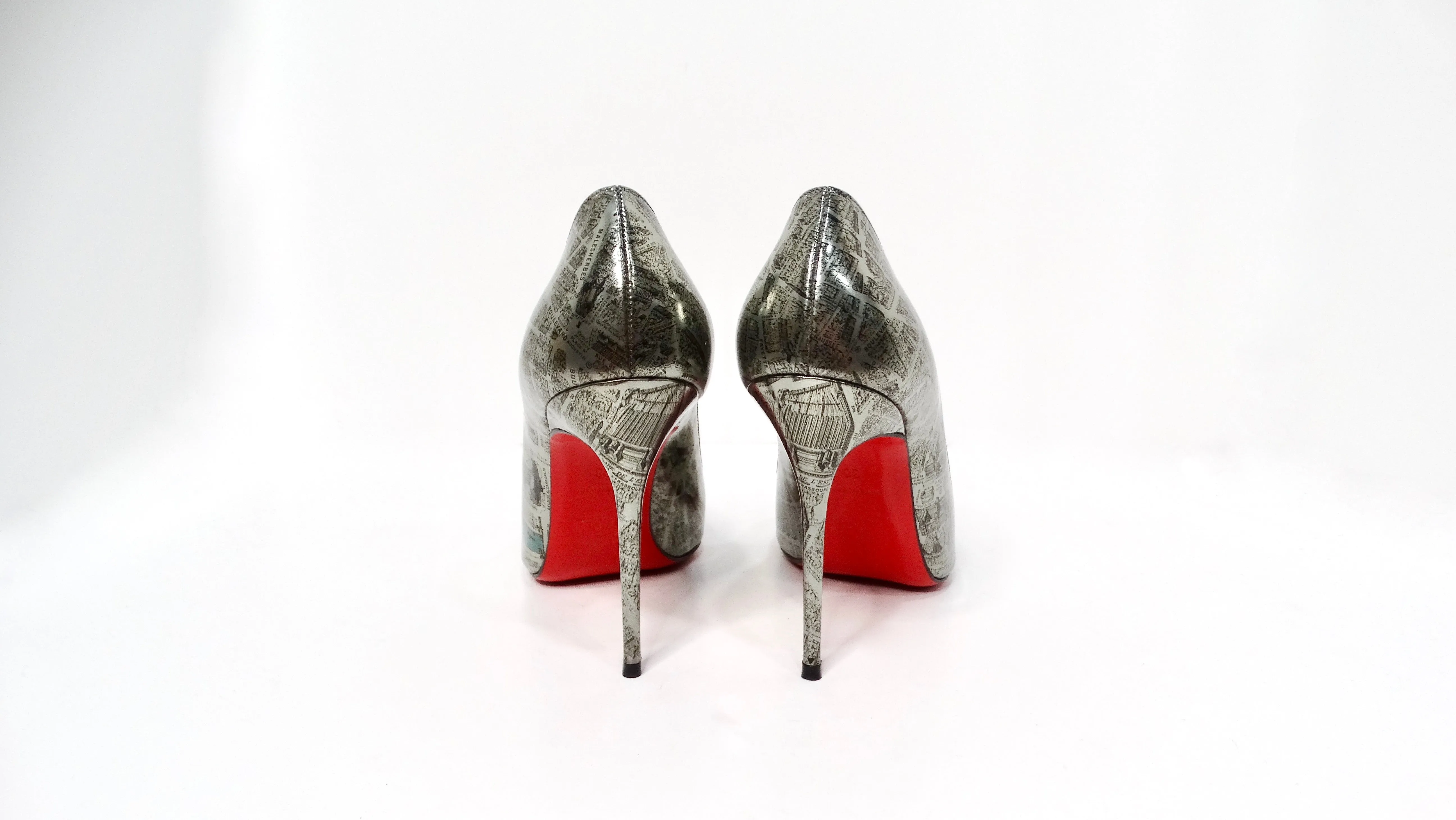 Christian Louboutin Paris Map Metallic Patent Leather Decolette Stiletto Pumps