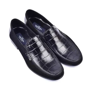 Corrente Jon Crocodile Print Calfskin and Suede Loafers in Black