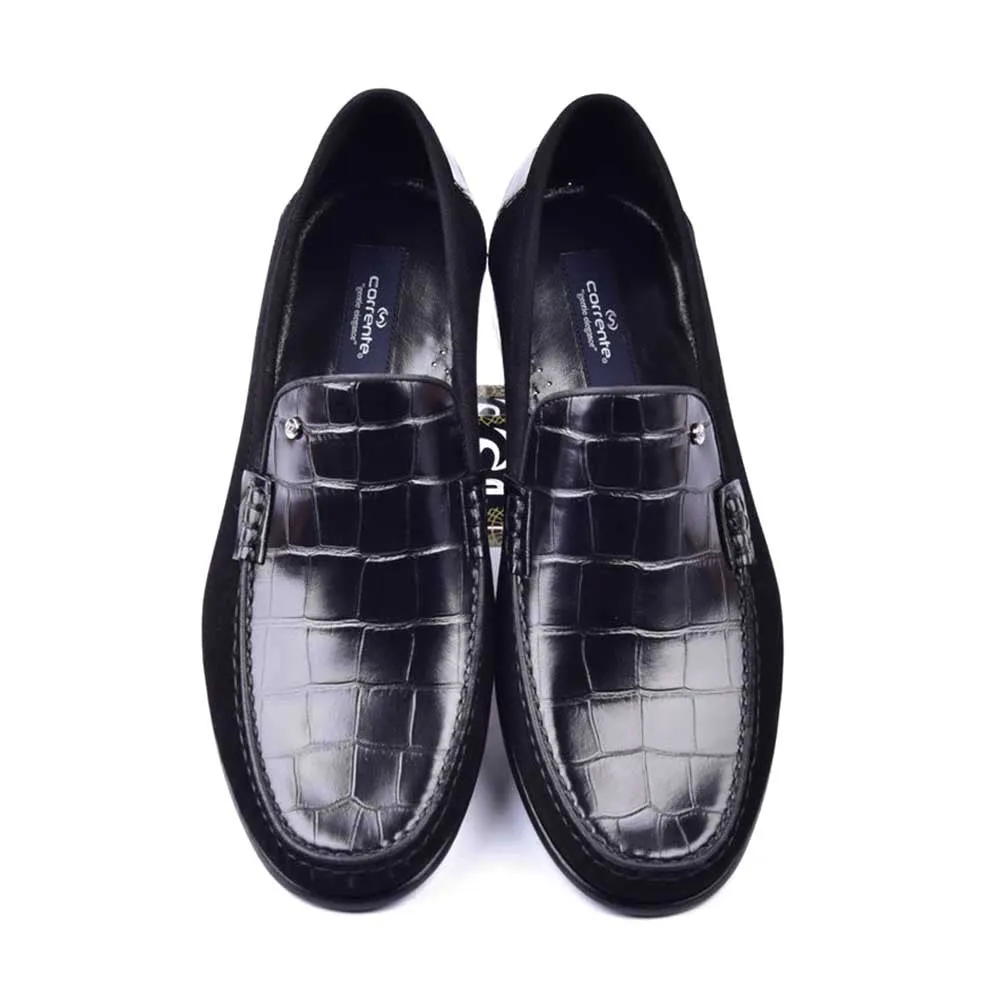 Corrente Jon Crocodile Print Calfskin and Suede Loafers in Black