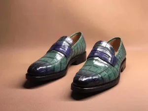 Crocodile Shoes Green Men's Crocodile Leather Loafers,Slip-Ons Diving Shoes, Penny Loafers Shoes