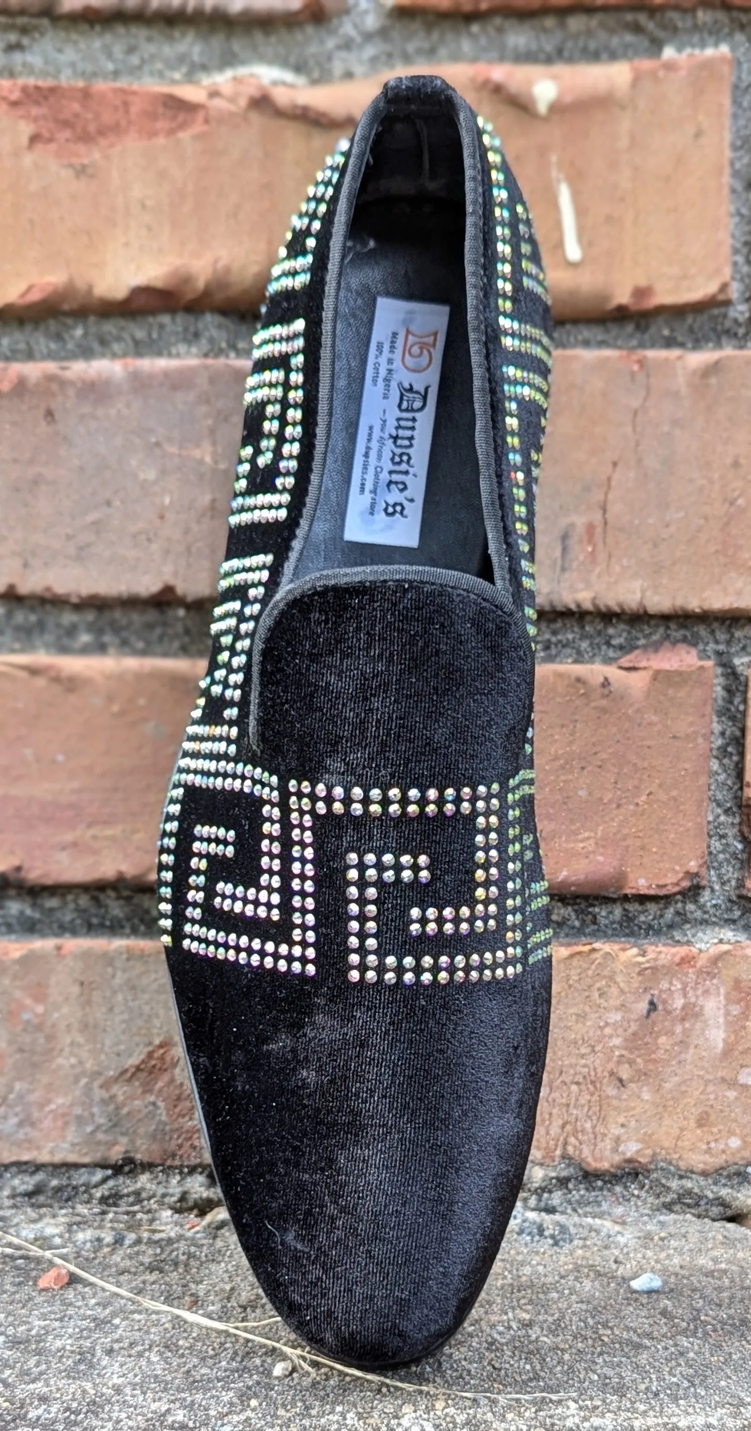 Dupsie's Black Imara Elegance pair of Suede Loafers with meander Rhinestoned patterns DPSS452