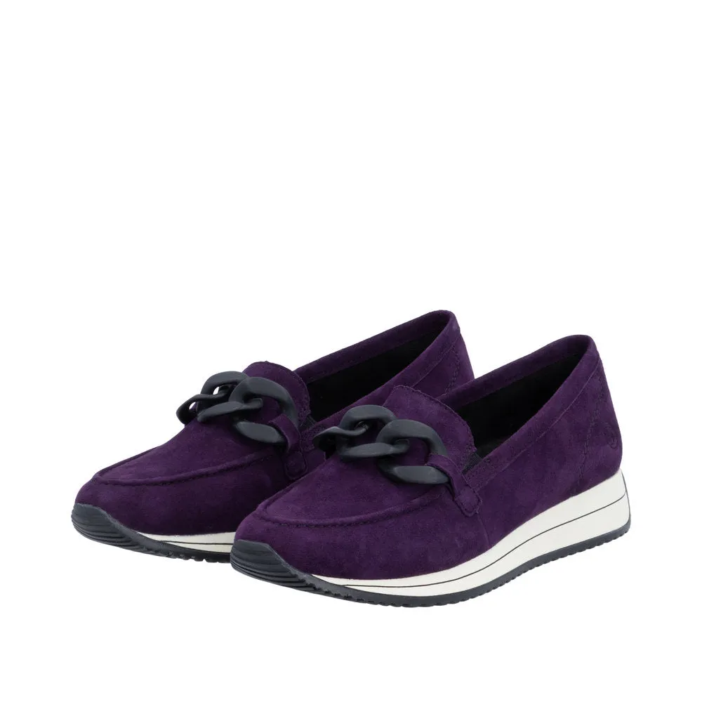 Ladies Remonte Slip On Shoes With Buckle Detail Aubergine Suede D0H10-30 sale