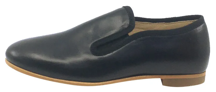 Luccini Girl's Slip-On Smoking Loafer, Black Leather