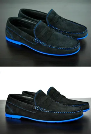 Mens Black & Blue Suede Driving Loafers