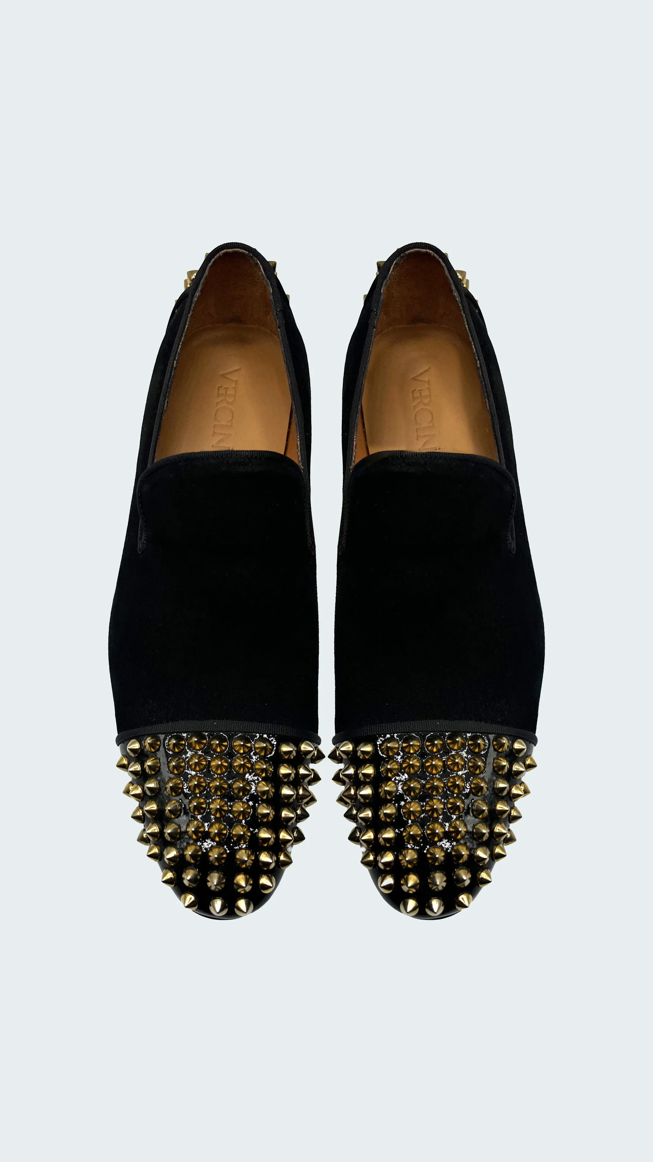 Men's Black Suede Loafers with Bold Gold Spiked Embellishments by Vercini