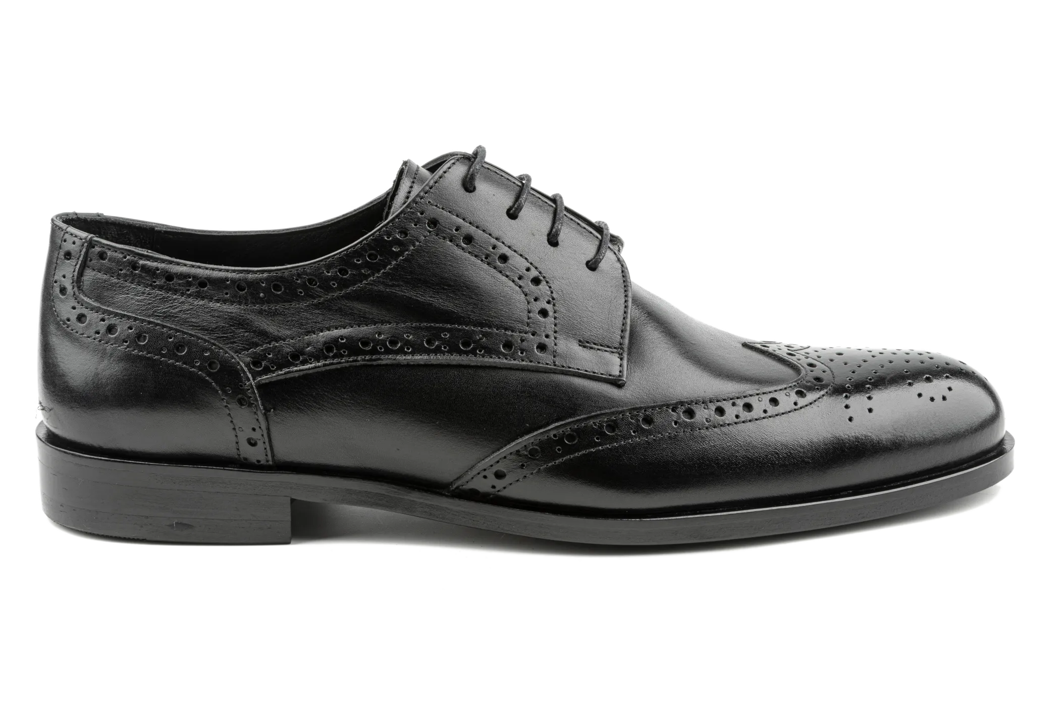 Men's Handmade Dress Shoes, Superior Quality Aniline Leather, Black Derby Shoes, Brogued & Wingtip Design