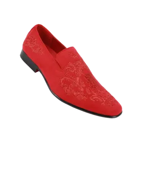 Men's Red Velvet Slip On Dress Shoes Embroidery Print