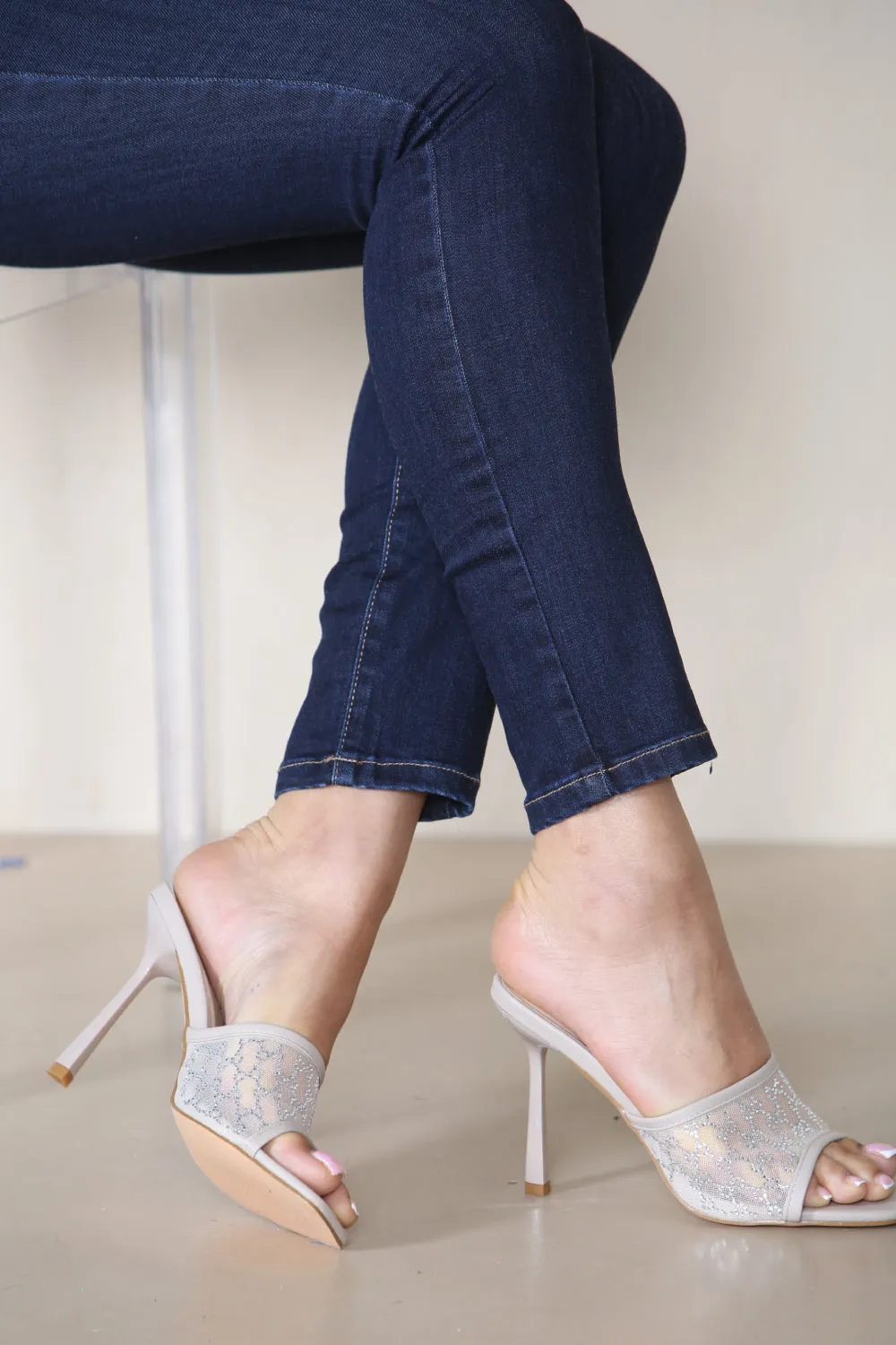 NUDE PU SQUARE TOE MULE HEELS