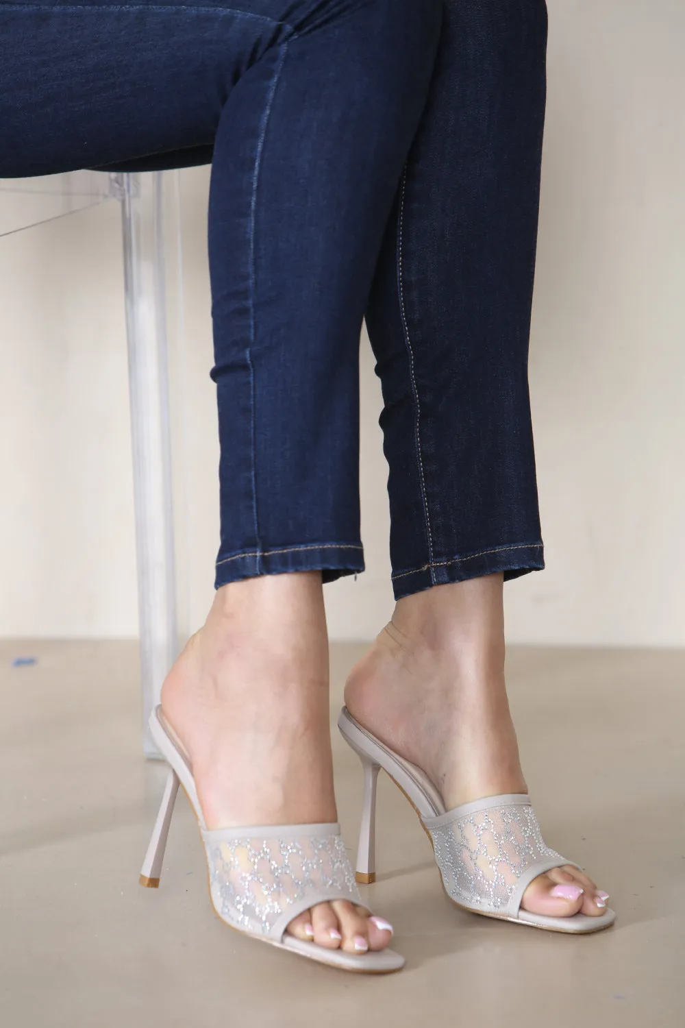 NUDE PU SQUARE TOE MULE HEELS