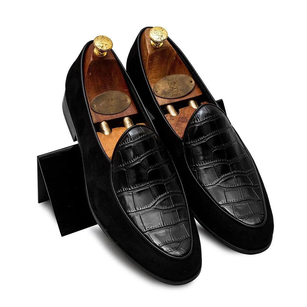 SHROFF - BLACK CROCO SUEDE SLIP-ON