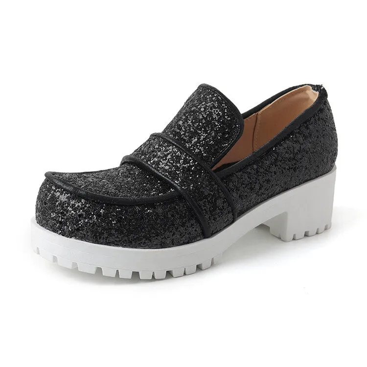 Women's Sequined Square Toe Block Heel Platform Loafers Shoes