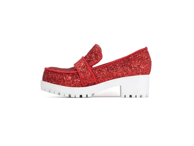 Women's Sequined Square Toe Block Heel Platform Loafers Shoes