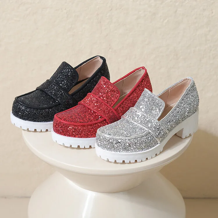 Women's Sequined Square Toe Block Heel Platform Loafers Shoes