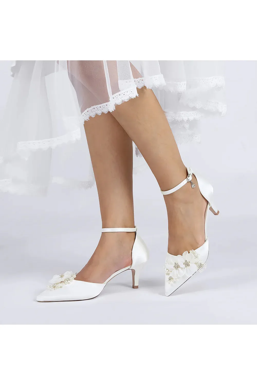 Women's Wedding Shoes Pointed Toe Ankle Strap Stiletto Heels with Rhinestone Flower